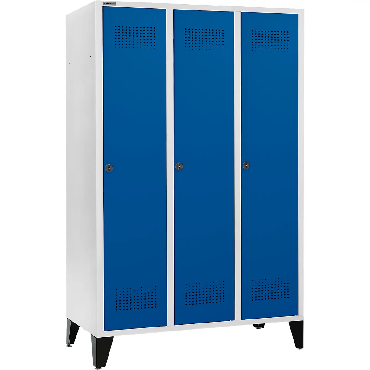 Schäfer Shop Genius Kledinglocker met poten, 3 compartimenten, 400 mm compartimentbreedte, veiligheidsdraaigrendelslot, lichtgrijs/gentiaanblauw