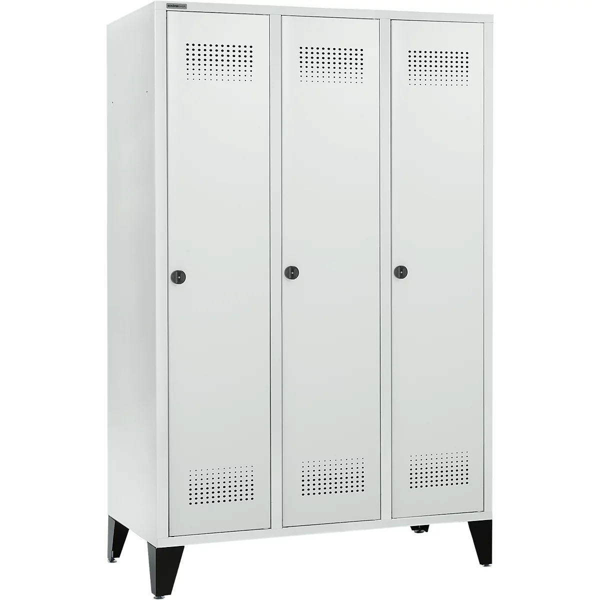 Schäfer Shop Genius Kledinglocker met poten, 3 compartimenten, 400 mm compartimentbreedte, veiligheidsdraaigrendelslot, lichtgrijs/lichtgrijs
