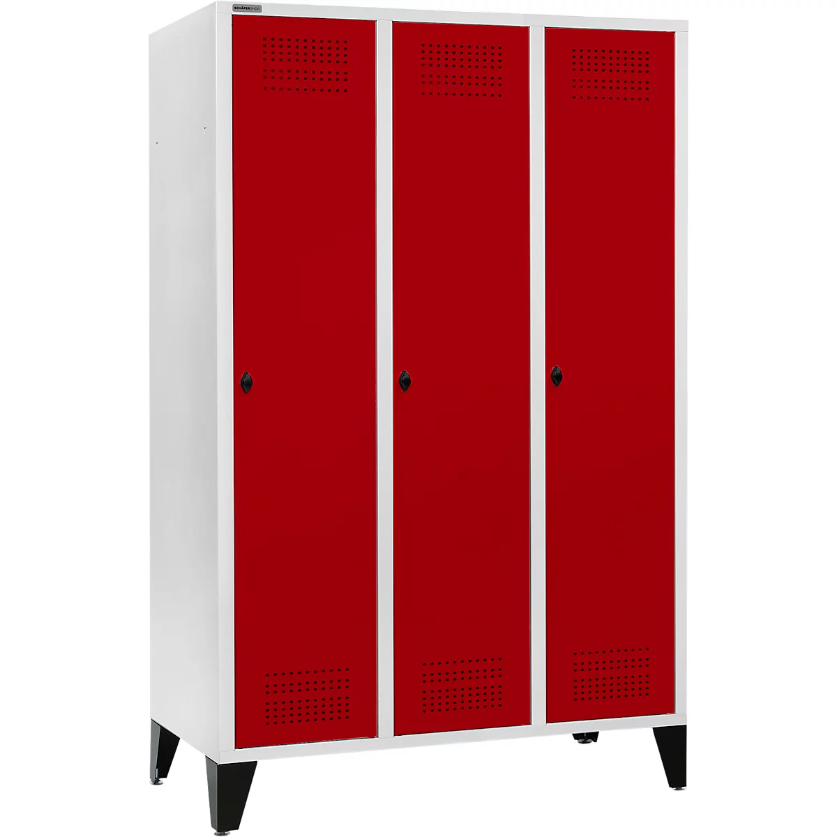 Schäfer Shop Genius Kledinglocker met poten, 3 compartimenten, 400 mm compartimentbreedte, veiligheidsdraaigrendelslot, lichtgrijs/robijnrood