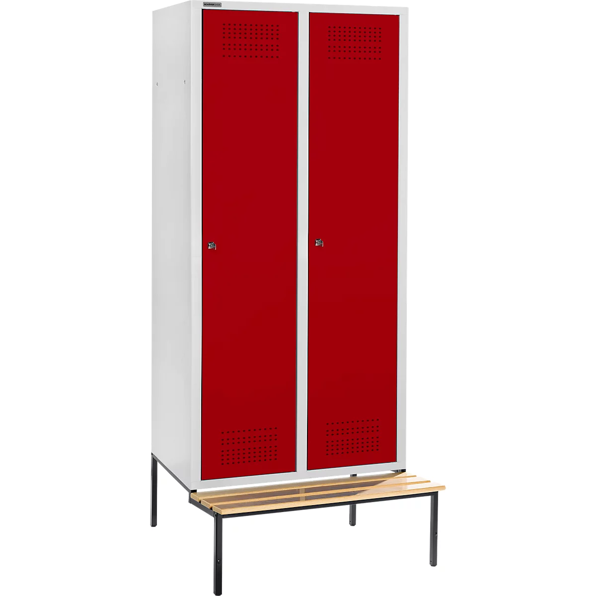 Schäfer Shop Genius Kledinglocker met zitbank, 2 compartimenten, 300 mm compartimentbreedte, cilinderslot, lichtgrijs/rood