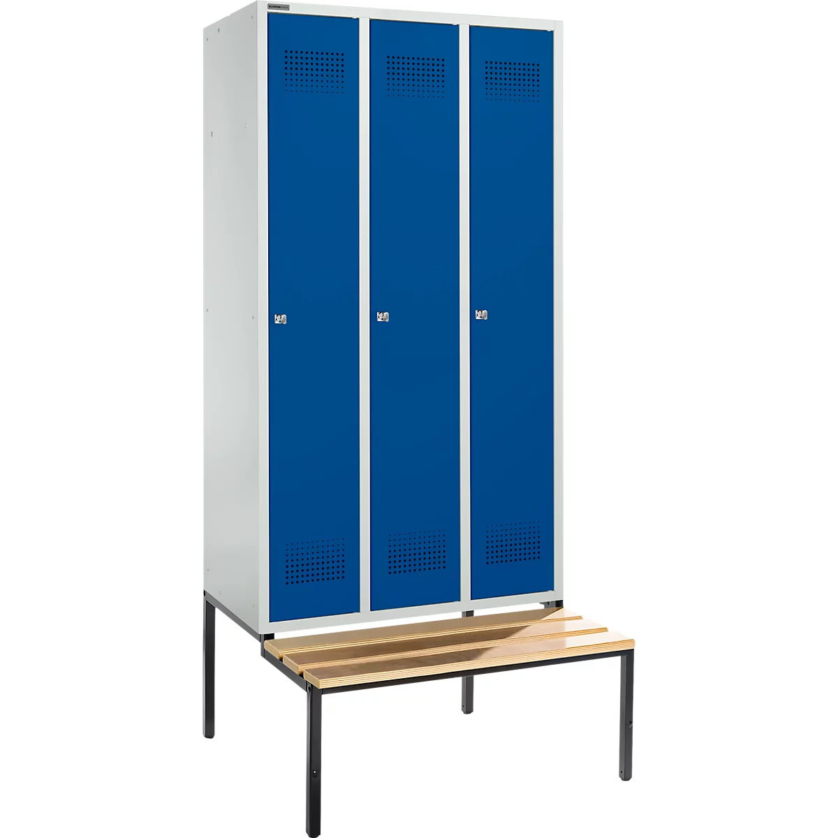 Schäfer Shop Genius Kledinglocker met zitbank, 3 compartimenten, 300 mm compartimentbreedte, cilinderslot, lichtgrijs/gentiaanblauw