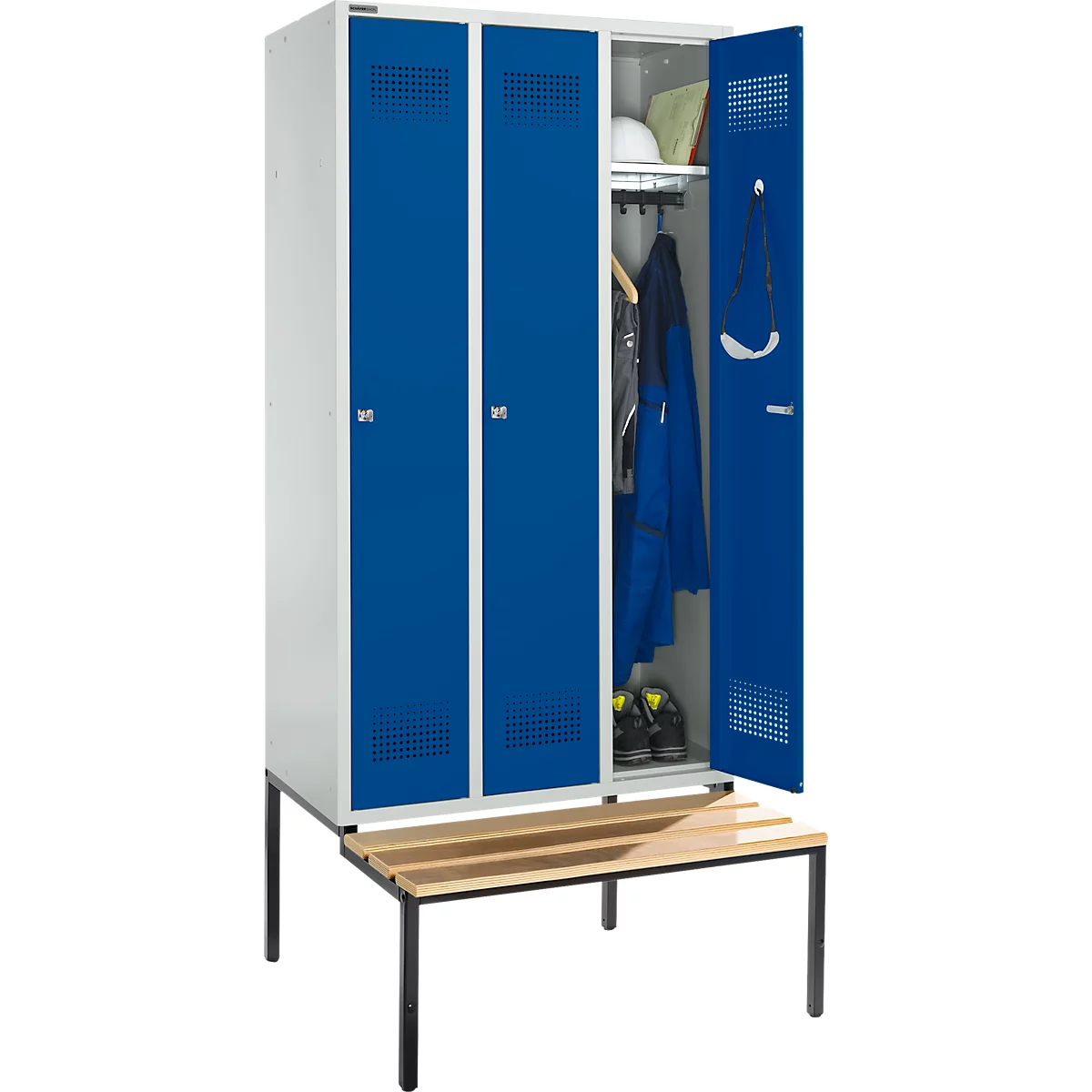 Schäfer Shop Genius Kledinglocker met zitbank, 3 compartimenten, 300 mm compartimentbreedte, cilinderslot, lichtgrijs/gentiaanblauw