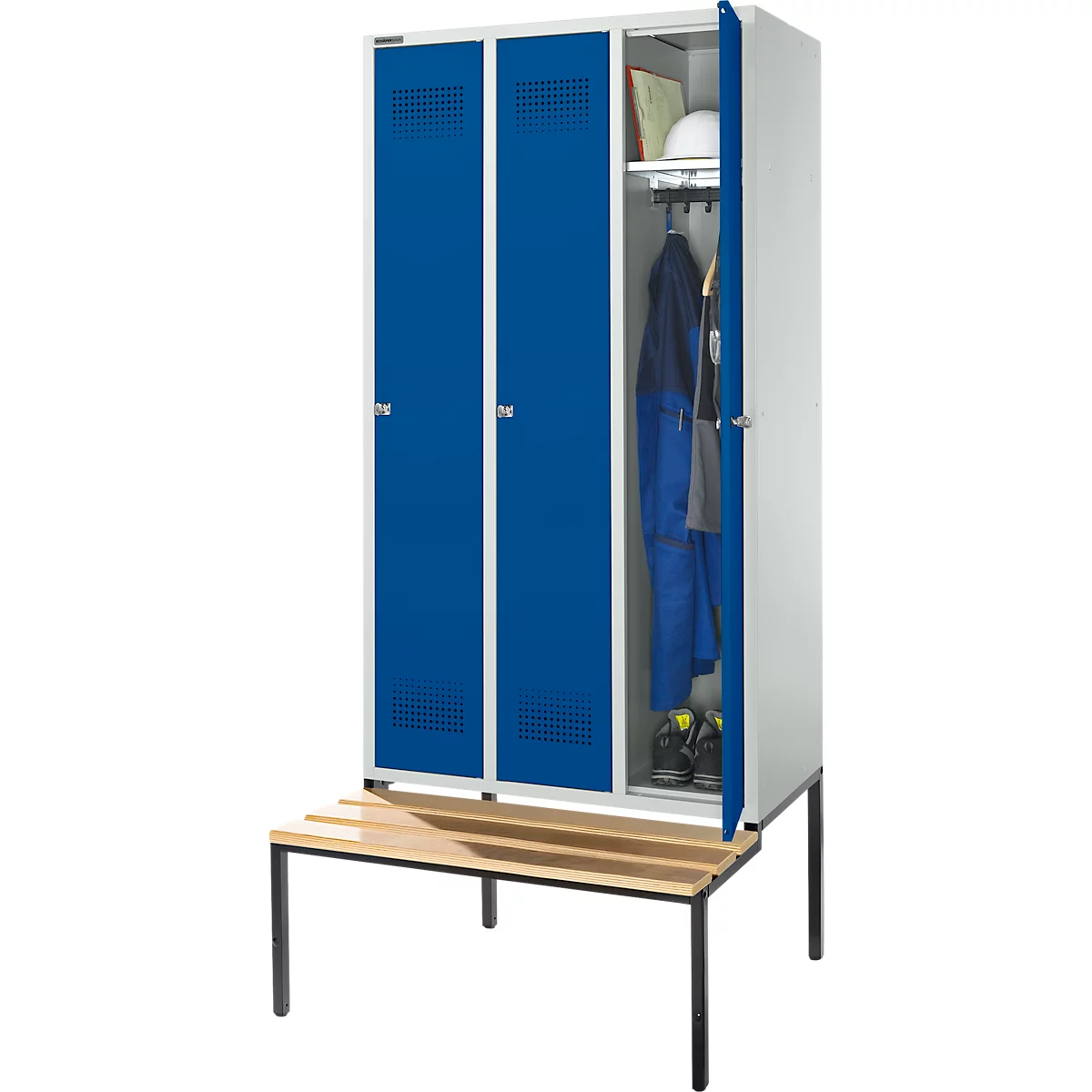 Schäfer Shop Genius Kledinglocker met zitbank, 3 compartimenten, 300 mm compartimentbreedte, cilinderslot, lichtgrijs/gentiaanblauw