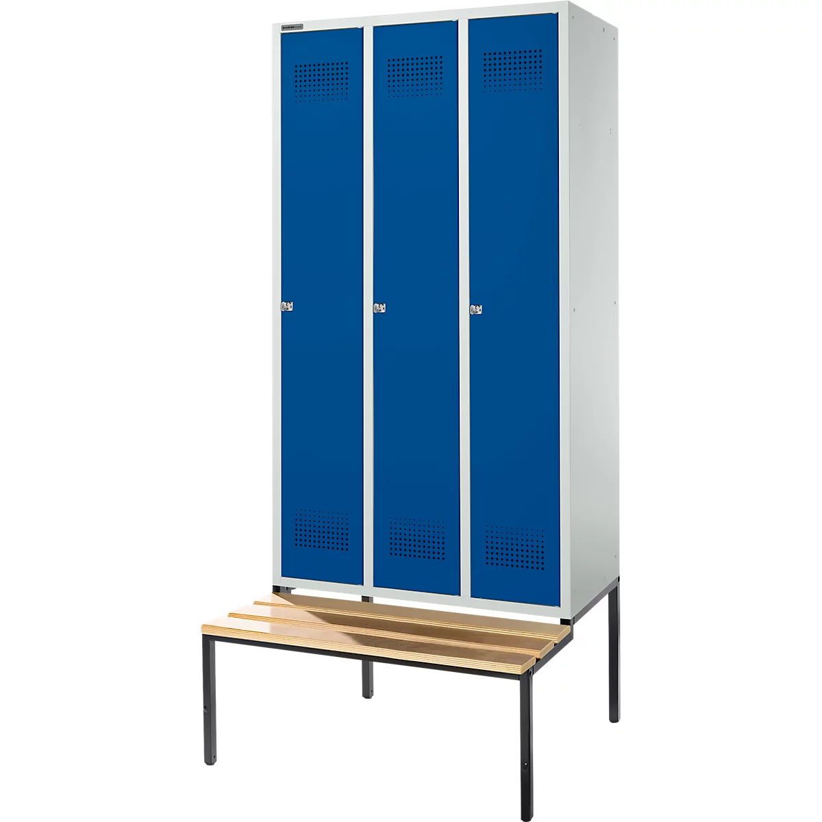 Schäfer Shop Genius Kledinglocker met zitbank, 3 compartimenten, 300 mm compartimentbreedte, cilinderslot, lichtgrijs/gentiaanblauw