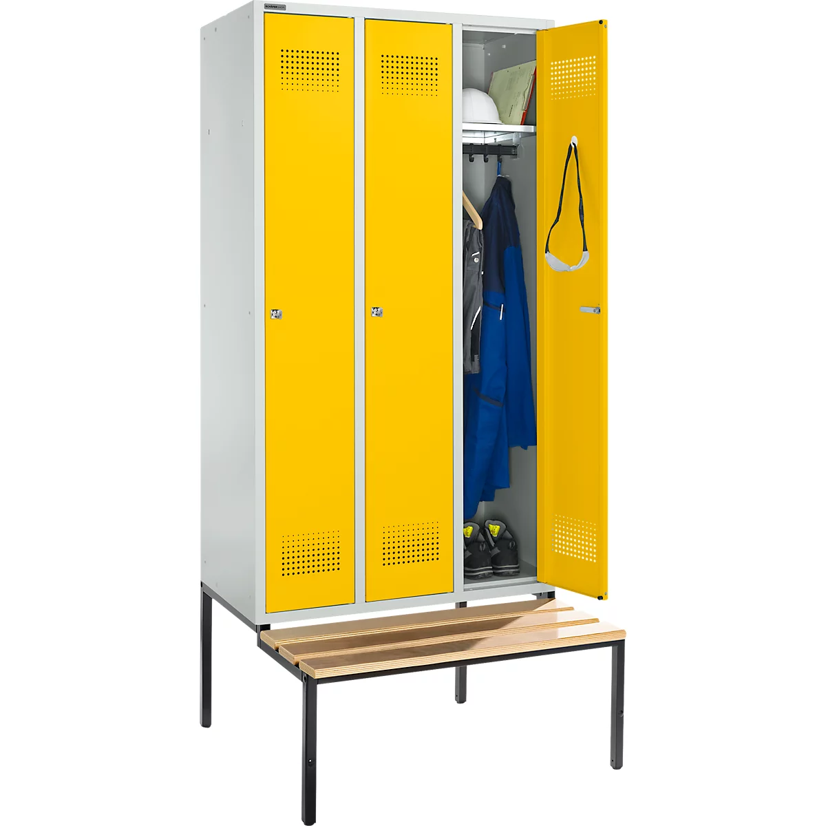 Schäfer Shop Genius Kledinglocker met zitbank, 3 compartimenten, 300 mm compartimentbreedte, cilinderslot, lichtgrijs/koolzaadgeel