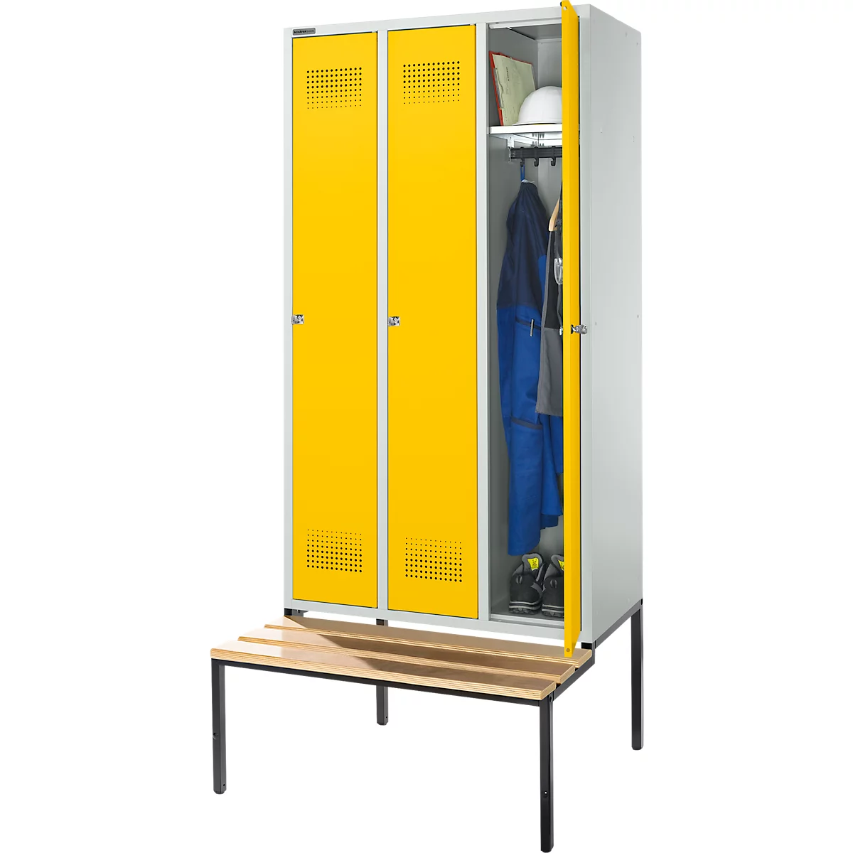 Schäfer Shop Genius Kledinglocker met zitbank, 3 compartimenten, 300 mm compartimentbreedte, cilinderslot, lichtgrijs/koolzaadgeel