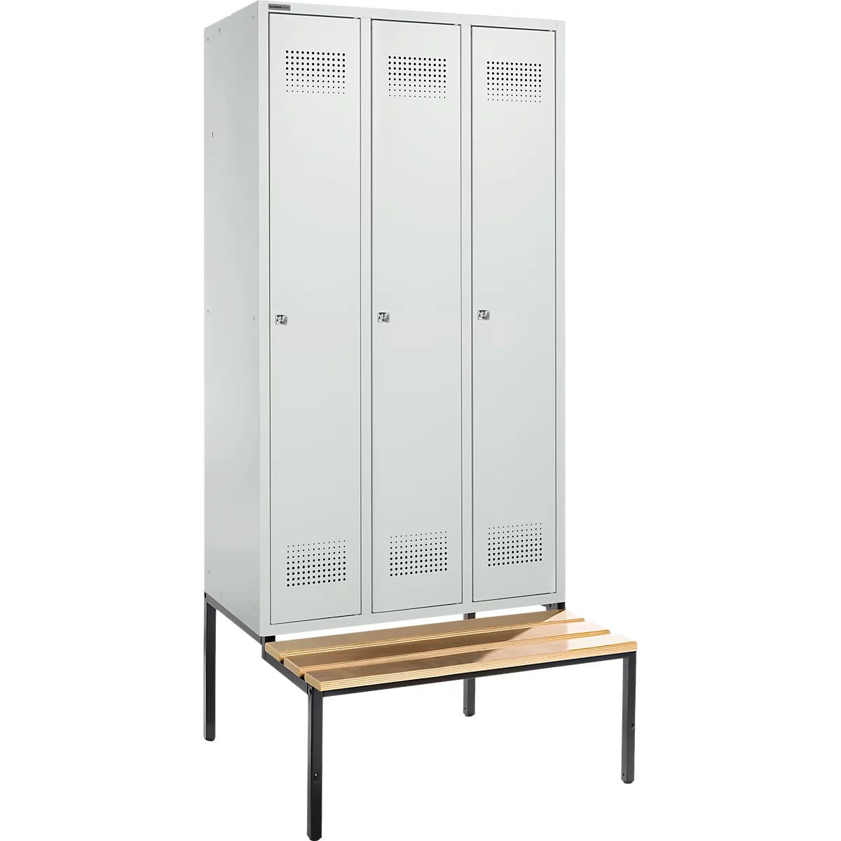 Schäfer Shop Genius Kledinglocker met zitbank, 3 compartimenten, 300 mm compartimentbreedte, cilinderslot, lichtgrijs/lichtgrijs