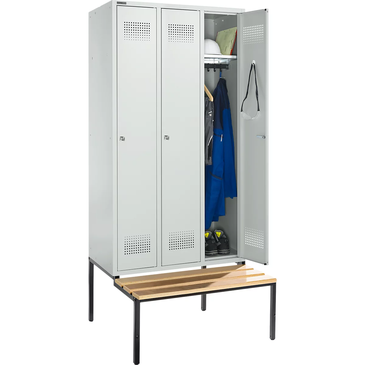 Schäfer Shop Genius Kledinglocker met zitbank, 3 compartimenten, 300 mm compartimentbreedte, cilinderslot, lichtgrijs/lichtgrijs