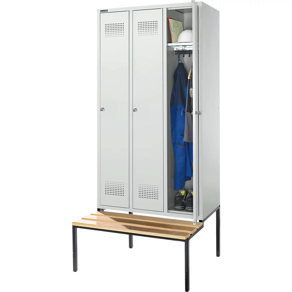 Schäfer Shop Genius Kledinglocker met zitbank, 3 compartimenten, 300 mm compartimentbreedte, cilinderslot, lichtgrijs/lichtgrijs