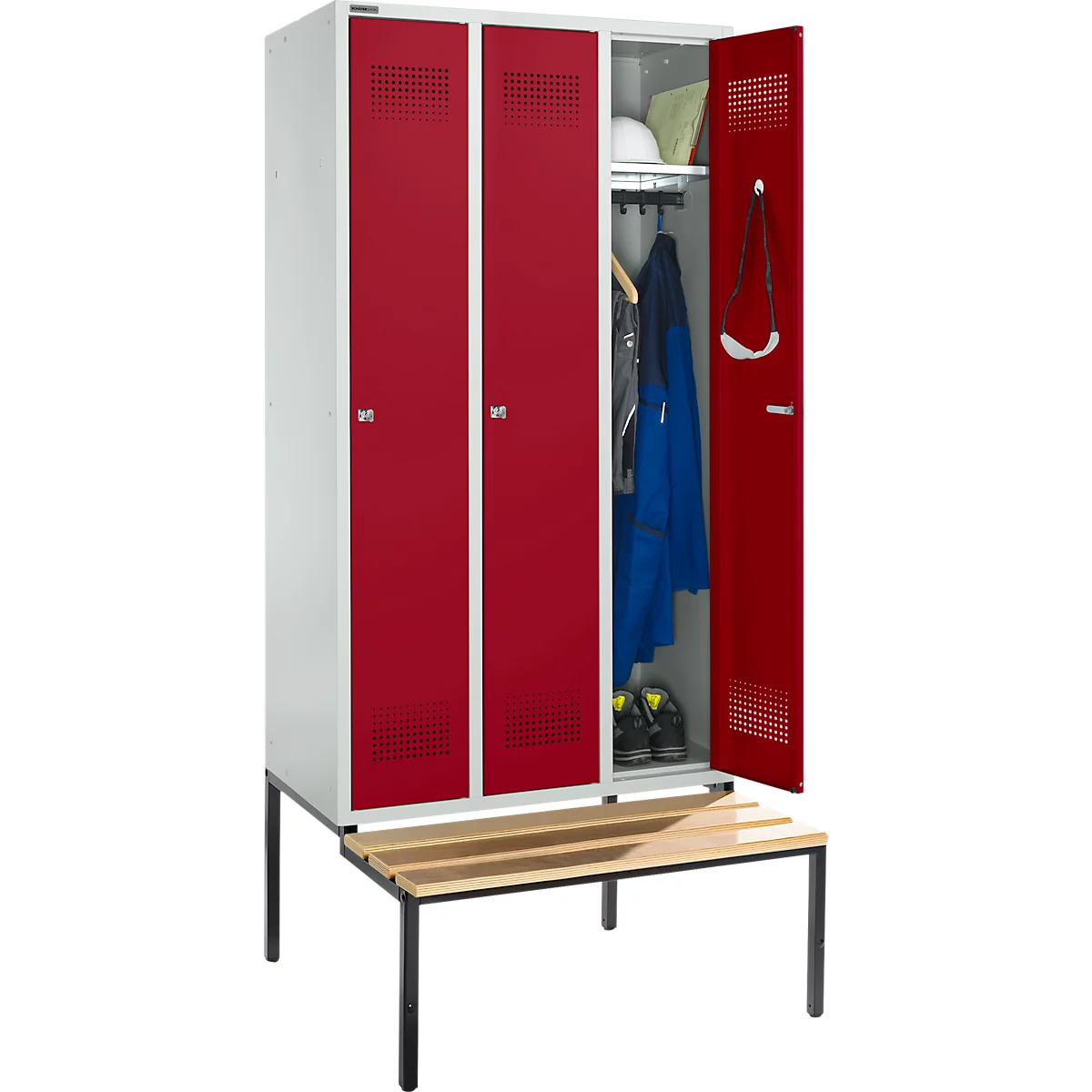 Schäfer Shop Genius Kledinglocker met zitbank, 3 compartimenten, 300 mm compartimentbreedte, cilinderslot, lichtgrijs/robijnrood