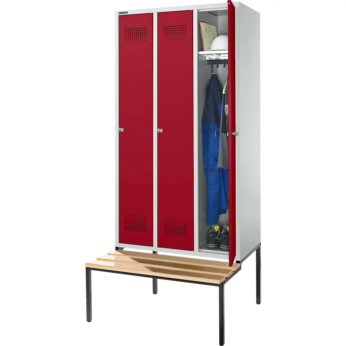 Schäfer Shop Genius Kledinglocker met zitbank, 3 compartimenten, 300 mm compartimentbreedte, cilinderslot, lichtgrijs/robijnrood