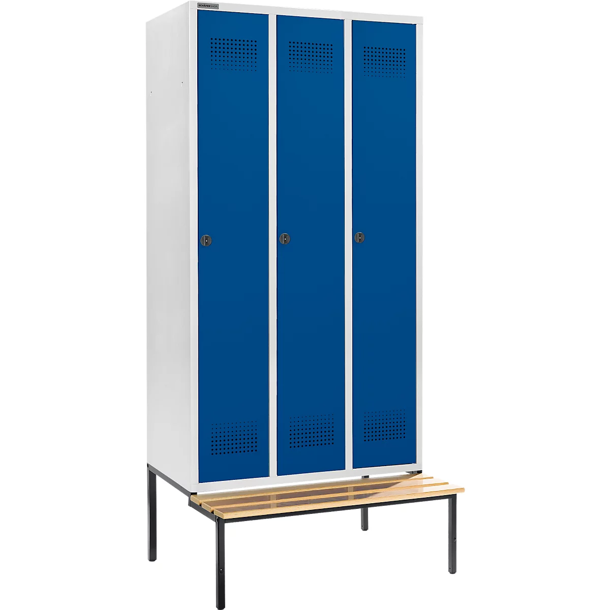 Schäfer Shop Genius Kledinglocker met zitbank, 3 compartimenten, 300 mm compartimentbreedte, veiligheidsdraaigrendelslot, lichtgrijs/gentiaanblauw