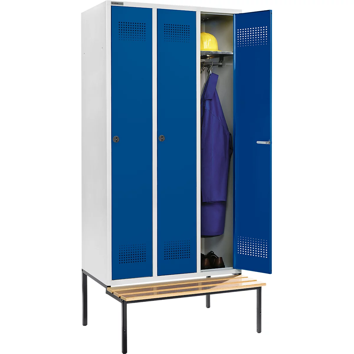 Schäfer Shop Genius Kledinglocker met zitbank, 3 compartimenten, 300 mm compartimentbreedte, veiligheidsdraaigrendelslot, lichtgrijs/gentiaanblauw