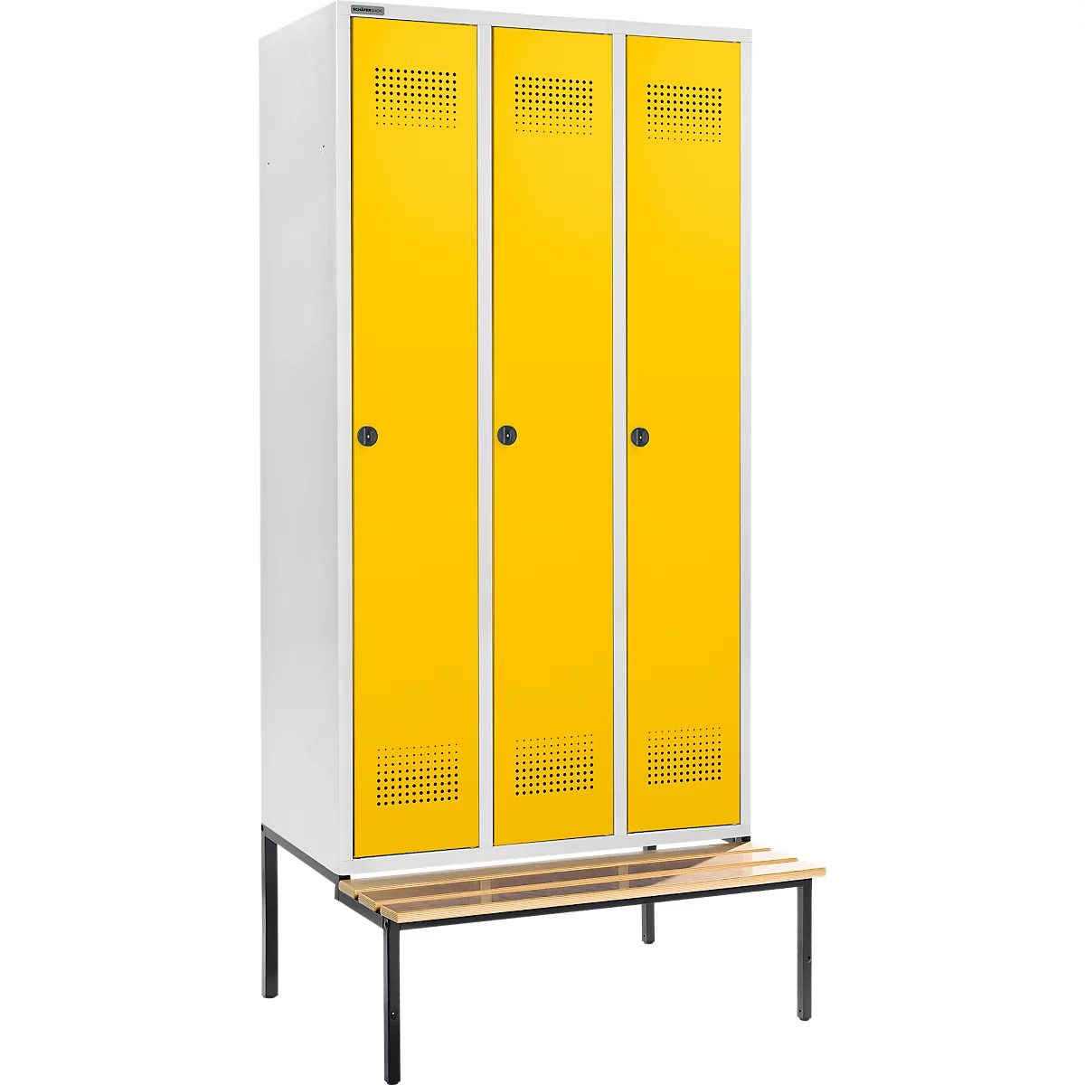 Schäfer Shop Genius Kledinglocker met zitbank, 3 compartimenten, 300 mm compartimentbreedte, veiligheidsdraaigrendelslot, lichtgrijs/koolzaadgeel