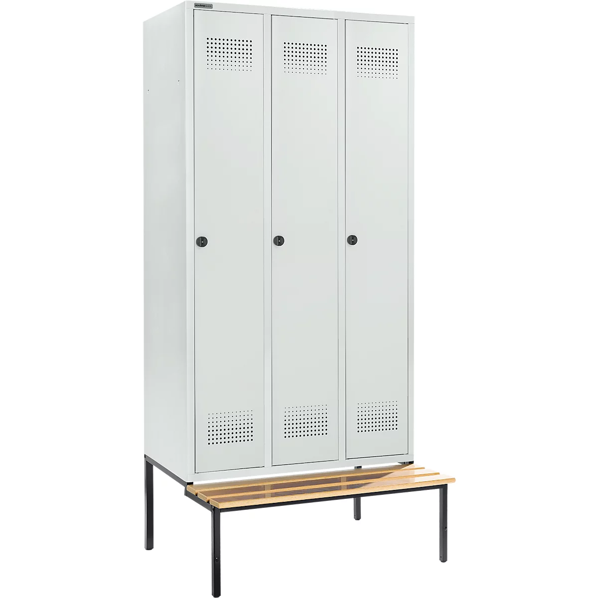 Schäfer Shop Genius Kledinglocker met zitbank, 3 compartimenten, 300 mm compartimentbreedte, veiligheidsdraaigrendelslot, lichtgrijs/lichtgrijs