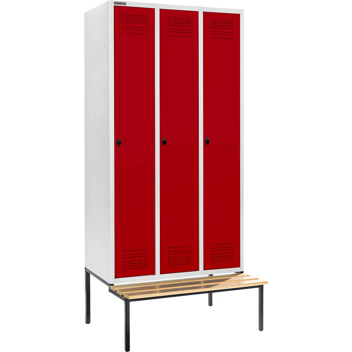 Schäfer Shop Genius Kledinglocker met zitbank, 3 compartimenten, 300 mm compartimentbreedte, veiligheidsdraaigrendelslot, lichtgrijs/robijnrood