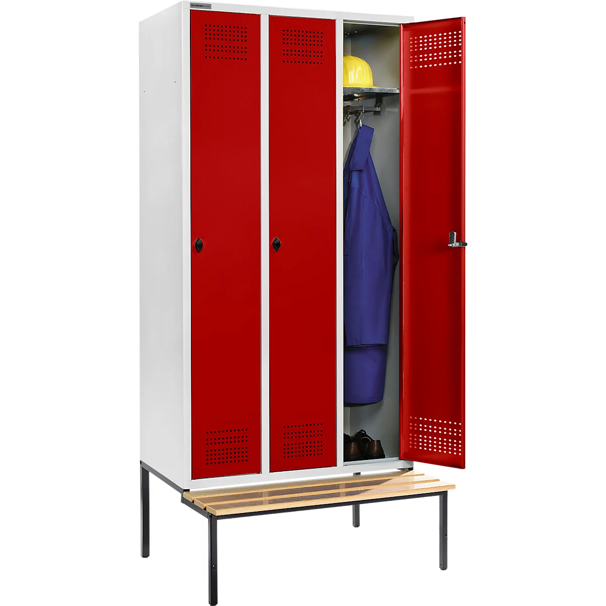 Schäfer Shop Genius Kledinglocker met zitbank, 3 compartimenten, 300 mm compartimentbreedte, veiligheidsdraaigrendelslot, lichtgrijs/robijnrood