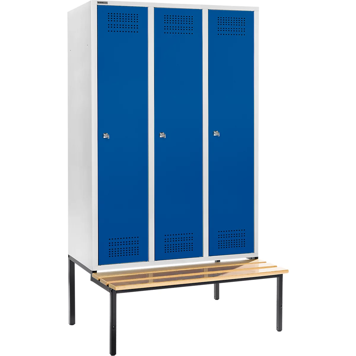 Schäfer Shop Genius Kledinglocker met zitbank, 3 compartimenten, 400 mm compartimentbreedte, cilinderslot, lichtgrijs/gentiaanblauw