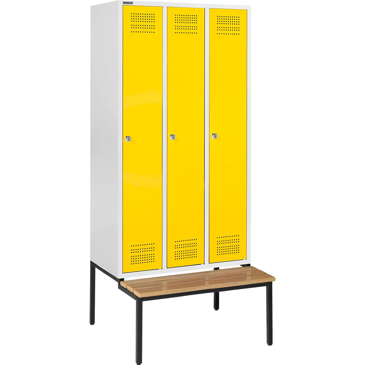 Schäfer Shop Genius Kledinglocker met zitbank, 3 compartimenten, cilinderslot, lichtgrijs/geel