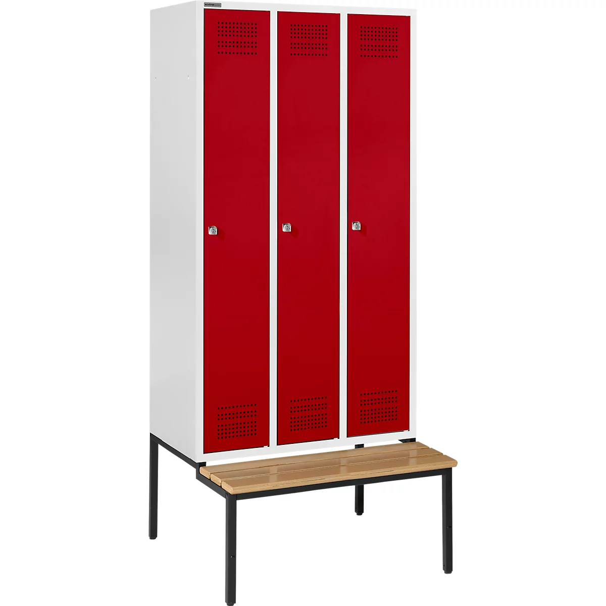 Schäfer Shop Genius Kledinglocker met zitbank, 3 compartimenten, cilinderslot, lichtgrijs/rood