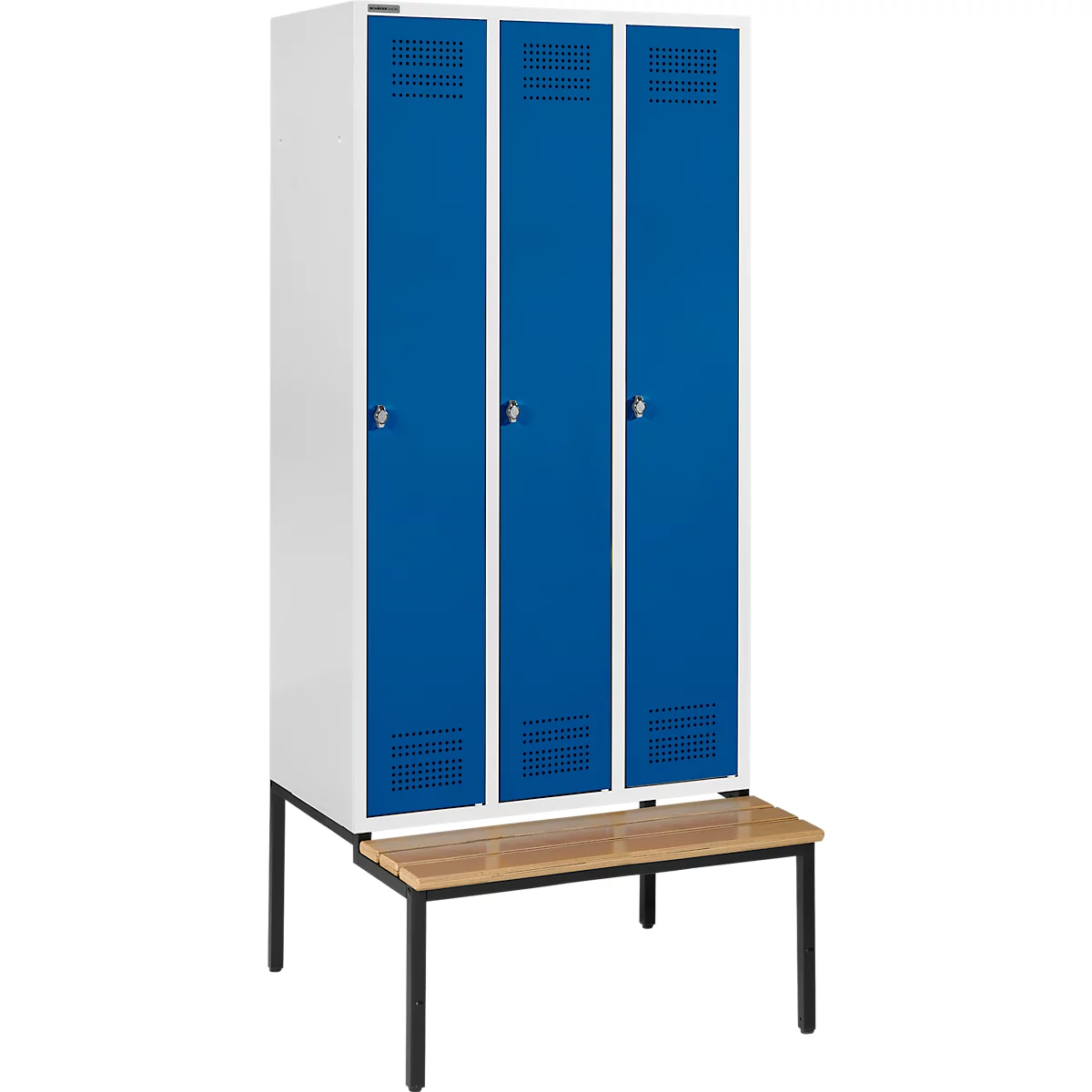 Schäfer Shop Genius Kledinglocker met zitbank, 3 compartimenten, draaigrendelslot, lichtgrijs/gentiaanblauw