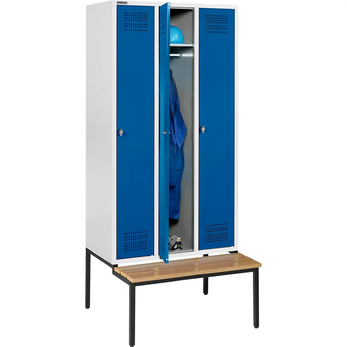 Schäfer Shop Genius Kledinglocker met zitbank, 3 compartimenten, draaigrendelslot, lichtgrijs/gentiaanblauw