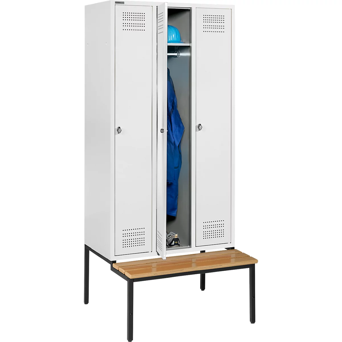 Schäfer Shop Genius Kledinglocker met zitbank, 3 compartimenten, draaigrendelslot, lichtgrijs/lichtgrijs