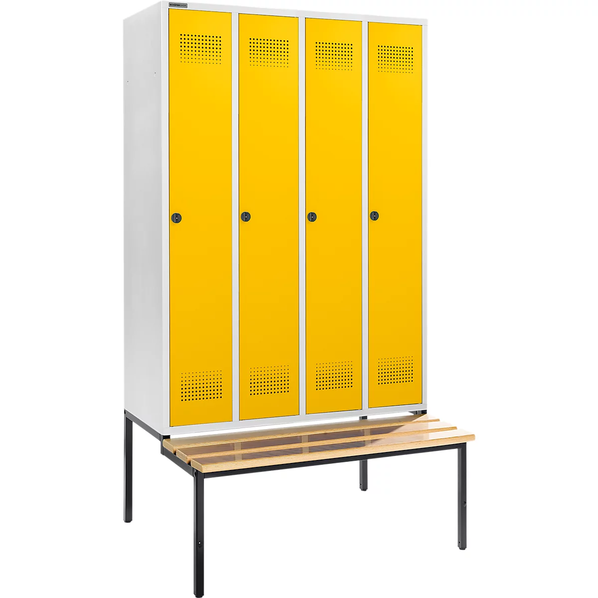 Schäfer Shop Genius Kledinglocker met zitbank, 4 compartimenten, 300 mm compartimentbreedte, veiligheidsdraaigrendelslot, lichtgrijs/geel