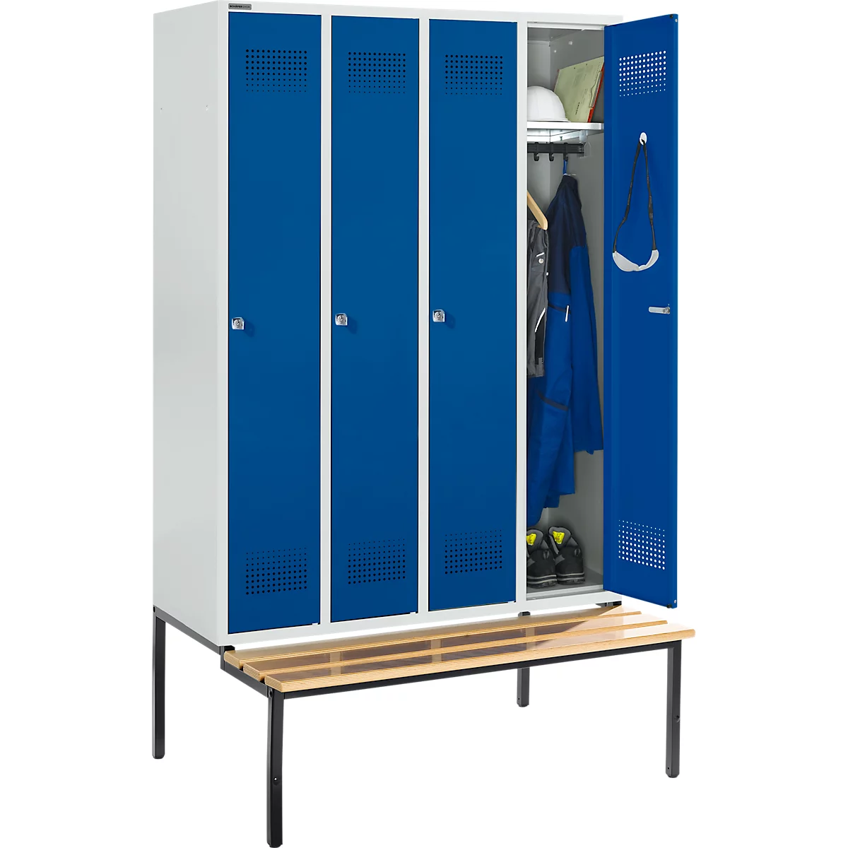 Schäfer Shop Genius Kledinglocker met zitbank, 4 compartimenten, cilinderslot, lichtgrijs/gentiaanblauw