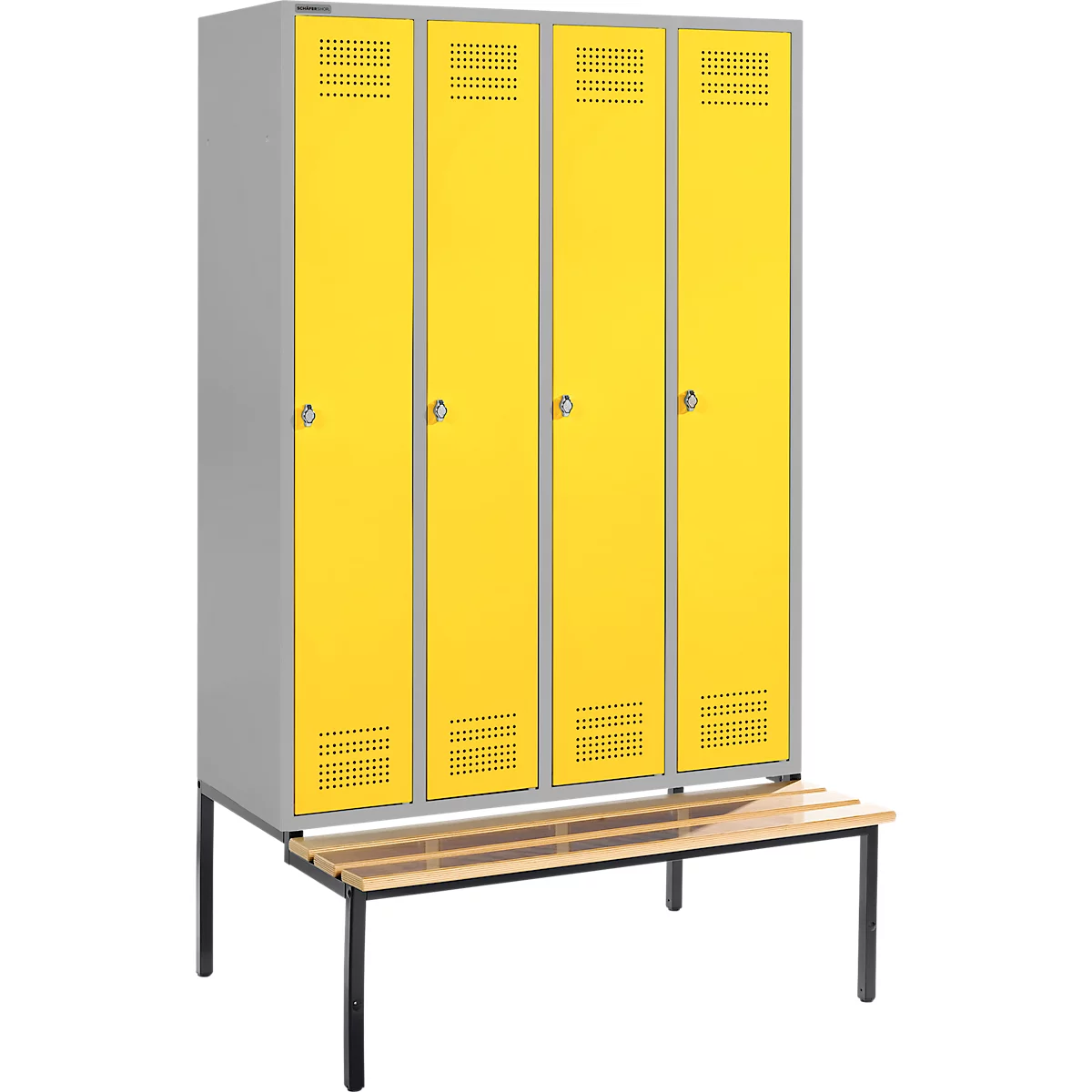 Schäfer Shop Genius Kledinglocker met zitbank, 4 compartimenten, veiligheidsdraaigrendelslot, blank aluminium/geel