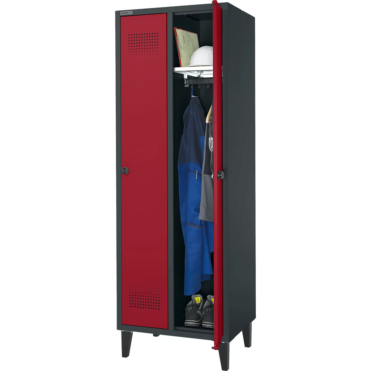 Schäfer Shop Genius Kleiderspind mit Füßen, 2 Abteile, Sicherheitsdrehriegelverschluss, anthrazit RAL 7016/rot