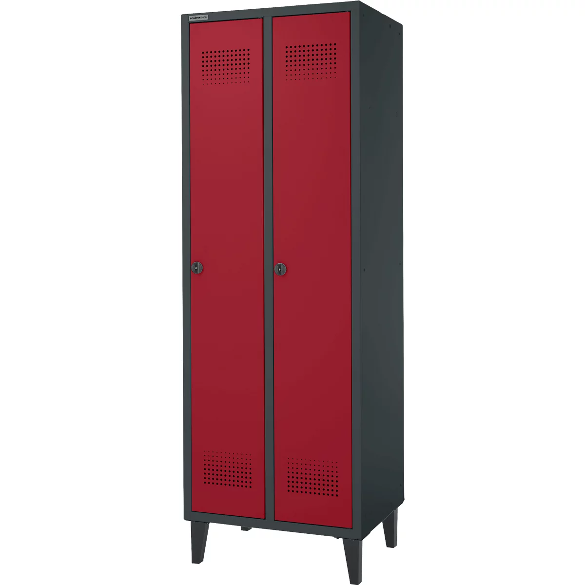 Schäfer Shop Genius Kleiderspind mit Füßen, 2 Abteile, Sicherheitsdrehriegelverschluss, anthrazit RAL 7016/rot