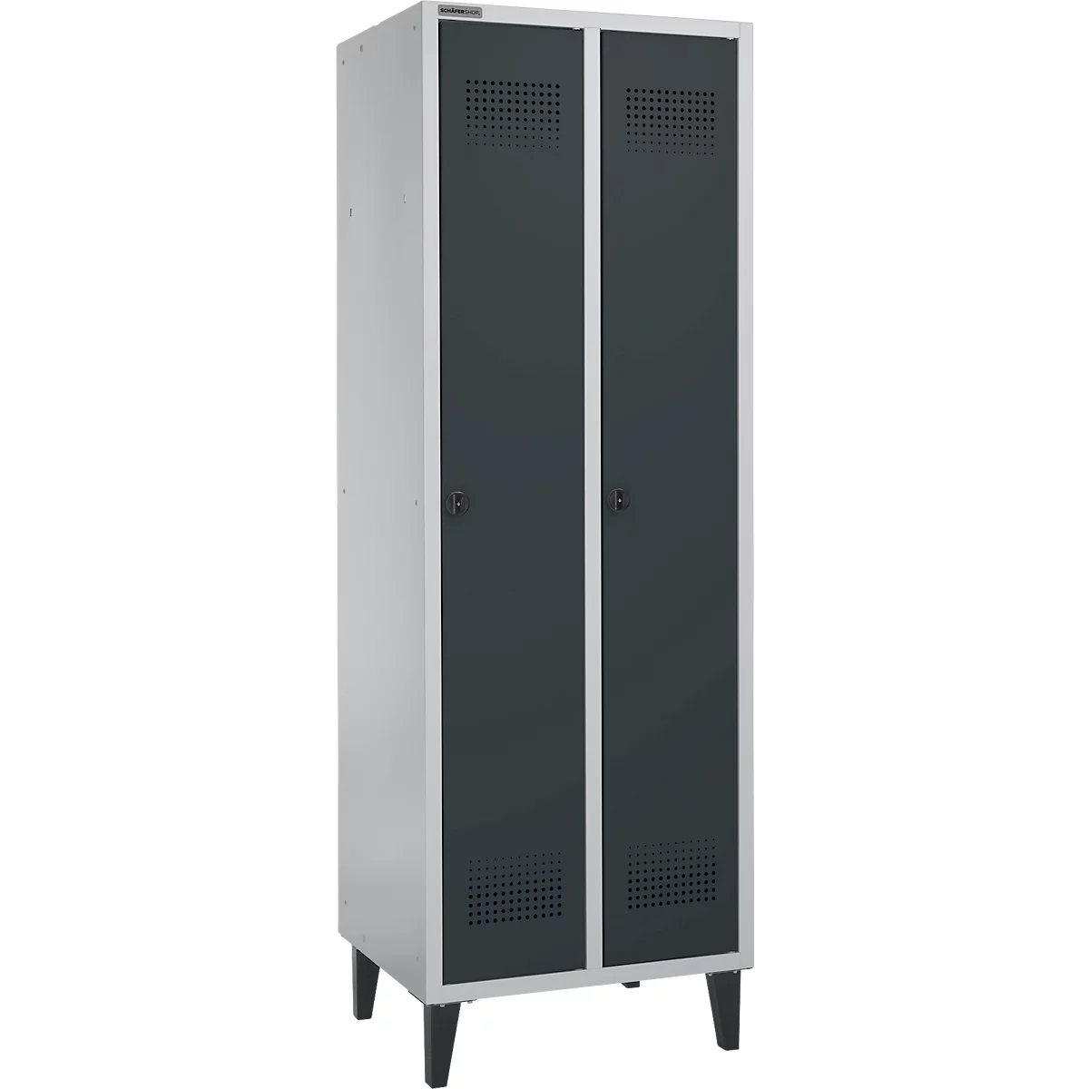 Schäfer Shop Genius Kleiderspind mit Füßen, 2 Abteile, Sicherheitsdrehriegelverschluss, weißaluminium RAL 9016/anthrazit