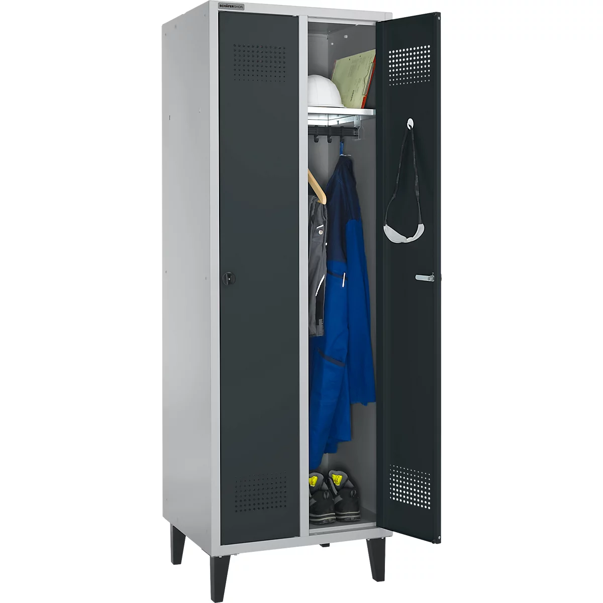 Schäfer Shop Genius Kleiderspind mit Füßen, 2 Abteile, Sicherheitsdrehriegelverschluss, weißaluminium RAL 9016/anthrazit