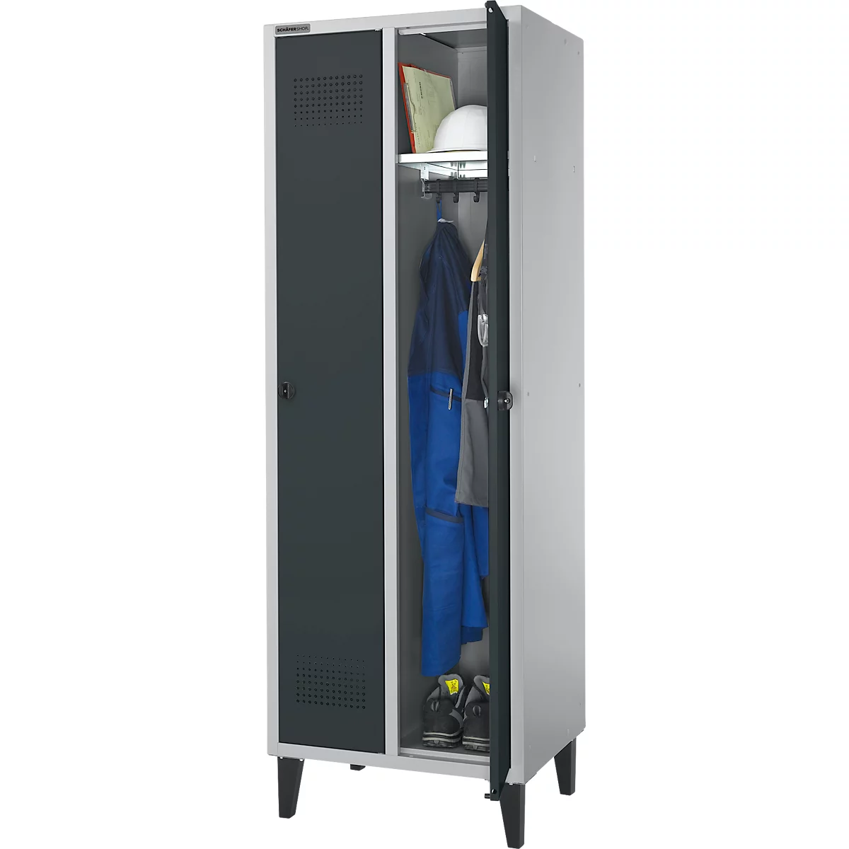 Schäfer Shop Genius Kleiderspind mit Füßen, 2 Abteile, Sicherheitsdrehriegelverschluss, weißaluminium RAL 9016/anthrazit