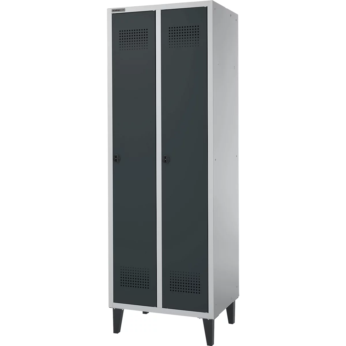 Schäfer Shop Genius Kleiderspind mit Füßen, 2 Abteile, Sicherheitsdrehriegelverschluss, weißaluminium RAL 9016/anthrazit