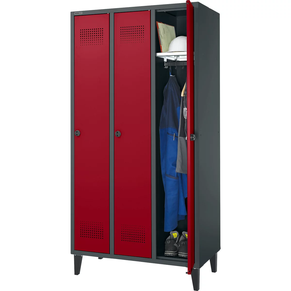 Schäfer Shop Genius Kleiderspind mit Füßen, 3 Abteile, 300 mm Abteilbreite, Sicherheitsdrehriegelverschluss, anthrazit/rubinrot