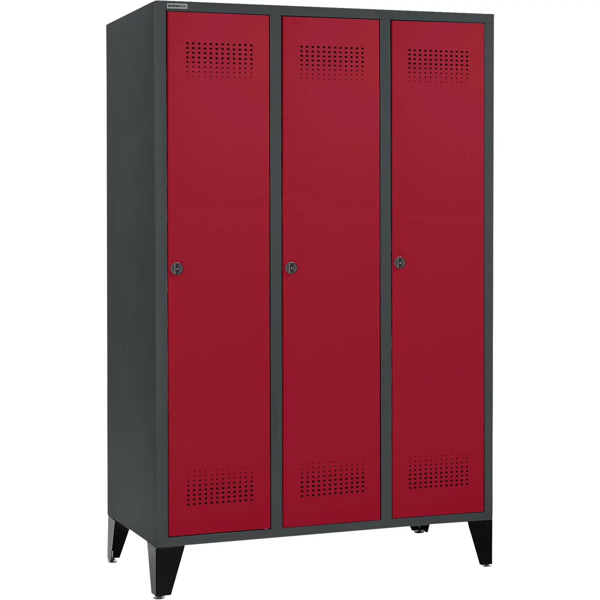 Schäfer Shop Genius Kleiderspind mit Füßen, 3 Abteile, 400 mm Abteilbreite, Sicherheitsdrehriegelverschluss, anthrazit/rubinrot