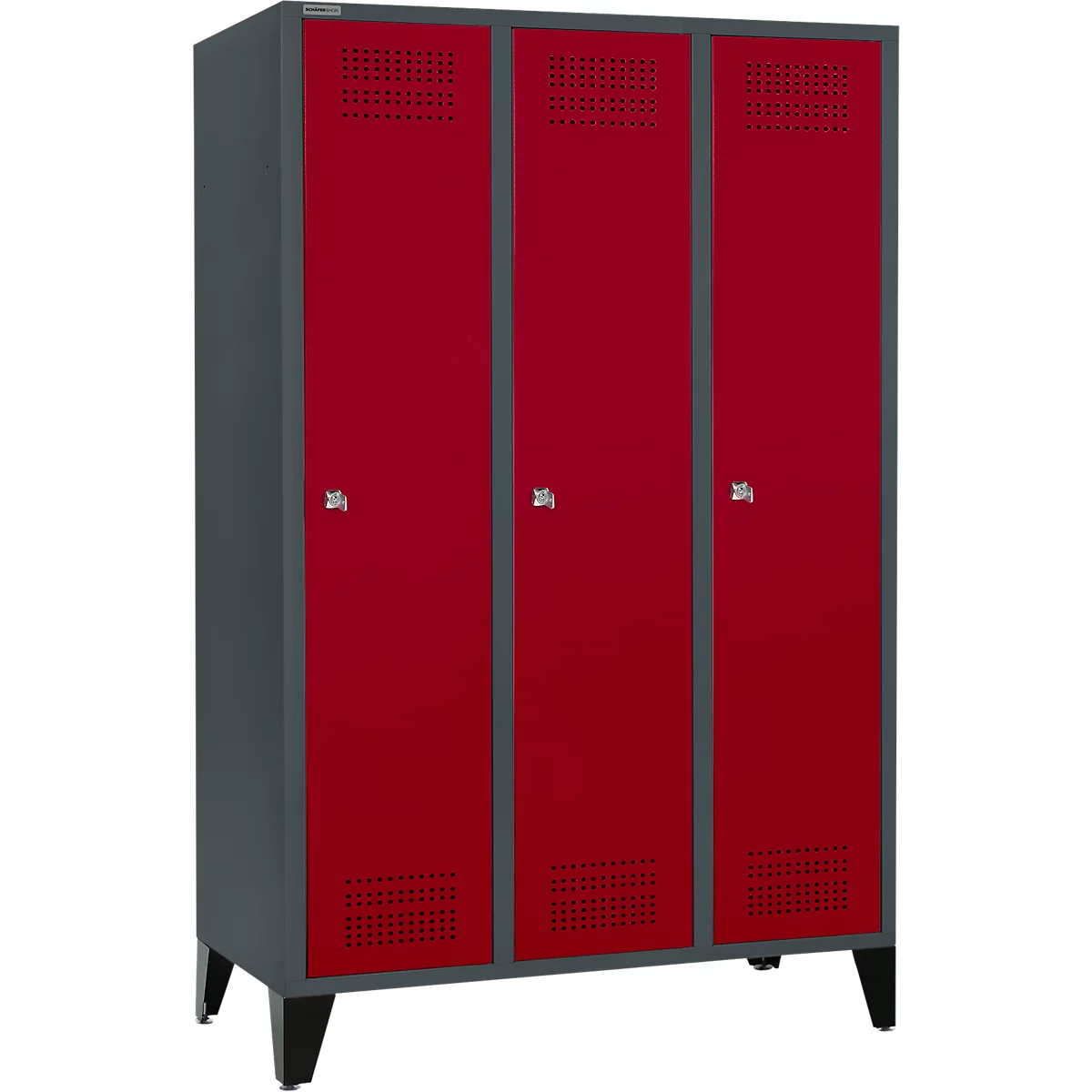Schäfer Shop Genius Kleiderspind mit Füßen, 3 Abteile, 400 mm Abteilbreite, Zylinderschloss, anthrazit/rubinrot