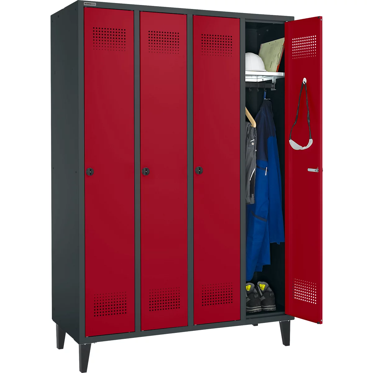 Schäfer Shop Genius Kleiderspind mit Füßen, 4 Abteile, Drehverschluss, anthrazit/rot