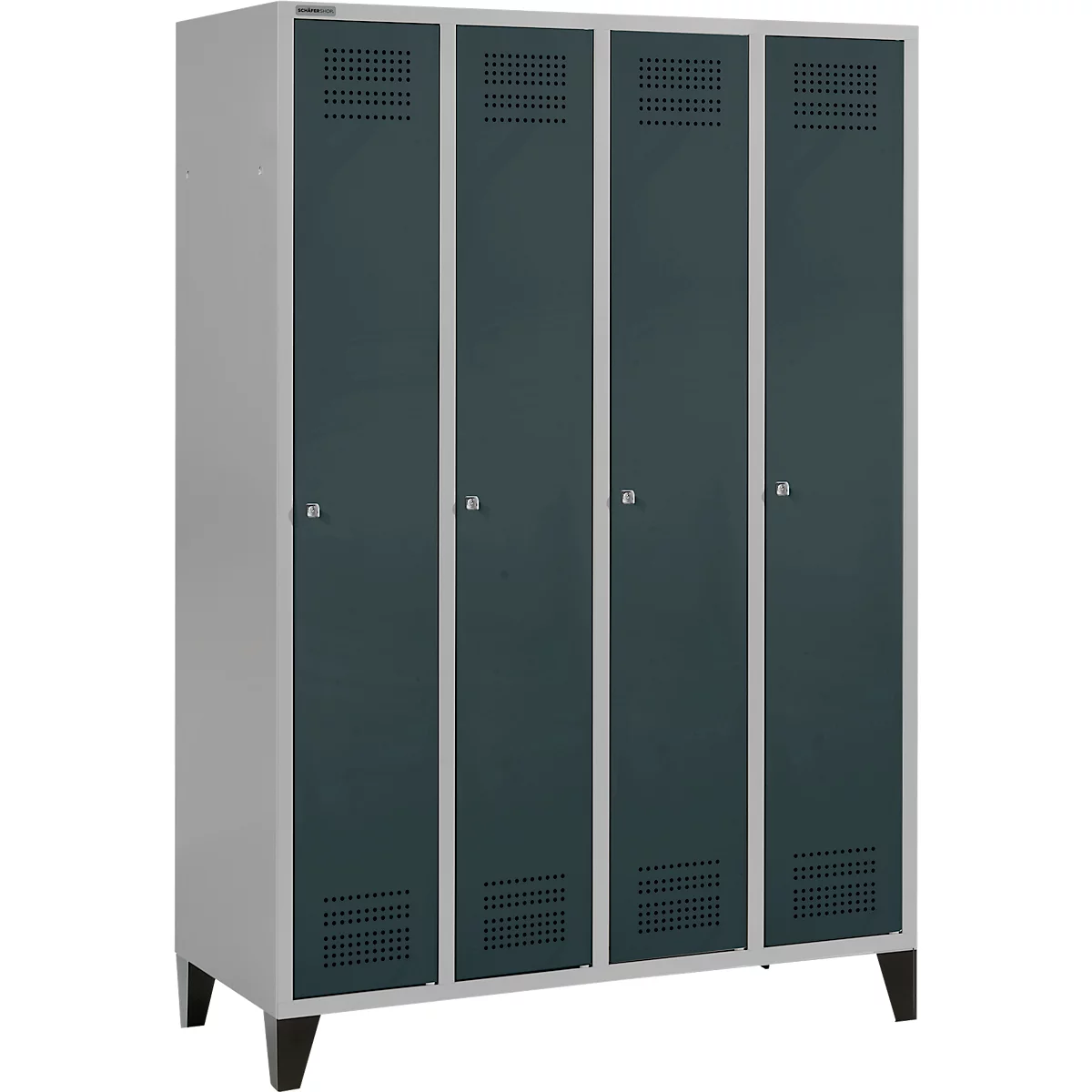 Schäfer Shop Genius Kleiderspind mit Füßen, 4 Abteile, Zylinderschloss, weißaluminium/anthrazit