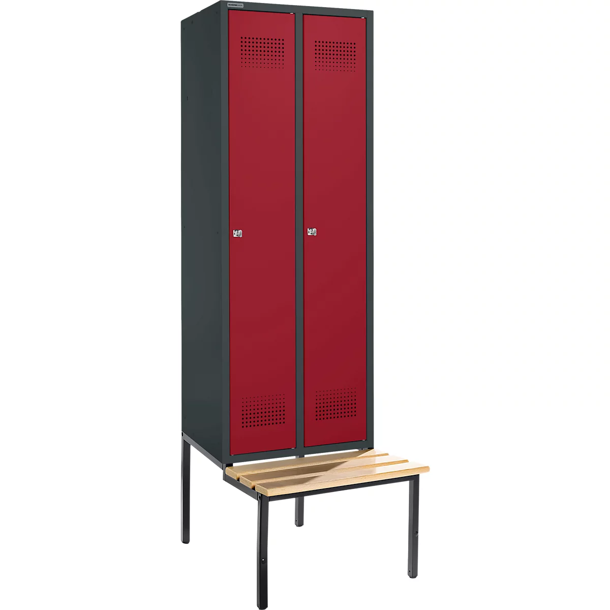 Schäfer Shop Genius Kleiderspind mit Sitzbank, 2 Abteile, Zylinderschloss, anthrazit RAL 7016/rot