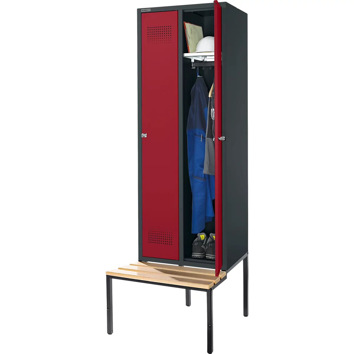 Schäfer Shop Genius Kleiderspind mit Sitzbank, 2 Abteile, Zylinderschloss, anthrazit RAL 7016/rot
