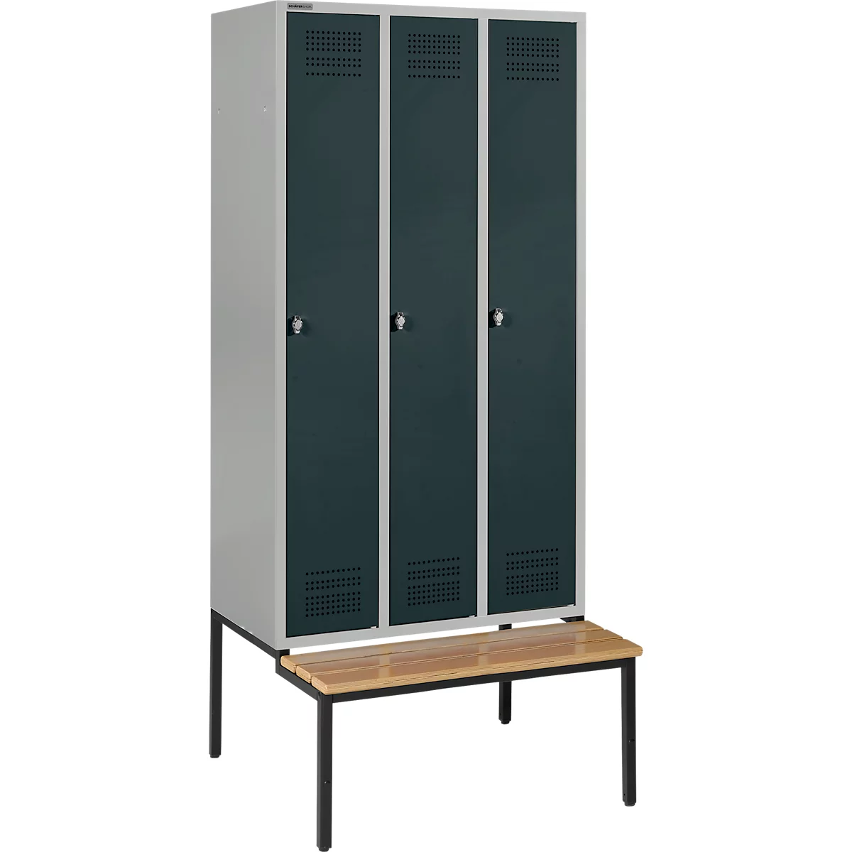 Schäfer Shop Genius Kleiderspind mit Sitzbank, 3 Abteile, Drehverschluss, hellsilber/anthrazit