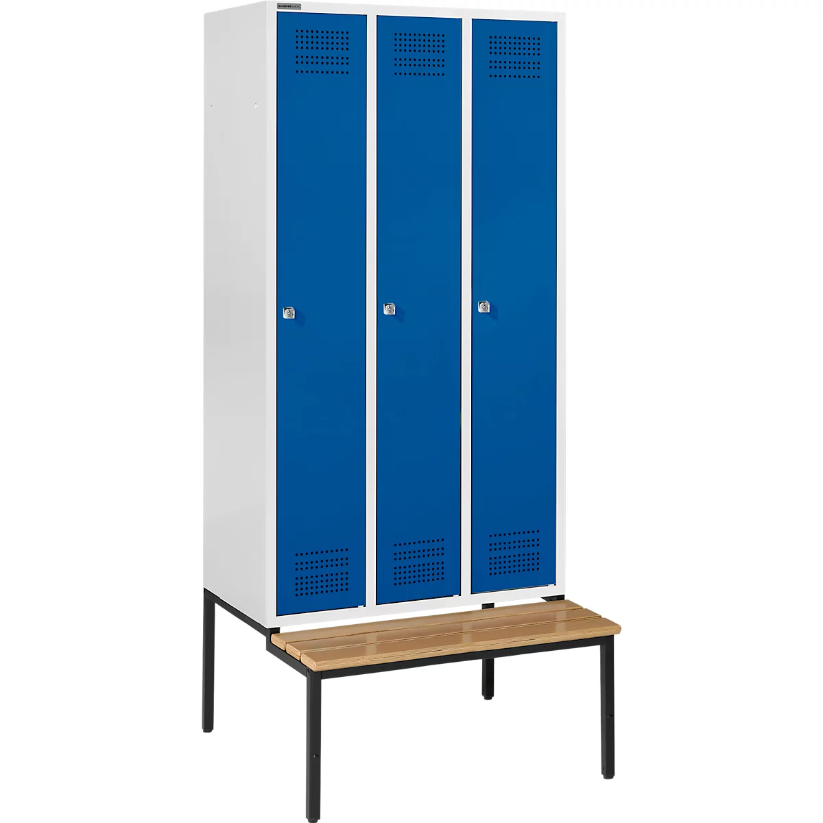 Schäfer Shop Genius Kleiderspind mit Sitzbank, 3 Abteile, Zylinderschloss, lichtgrau/enzianblau