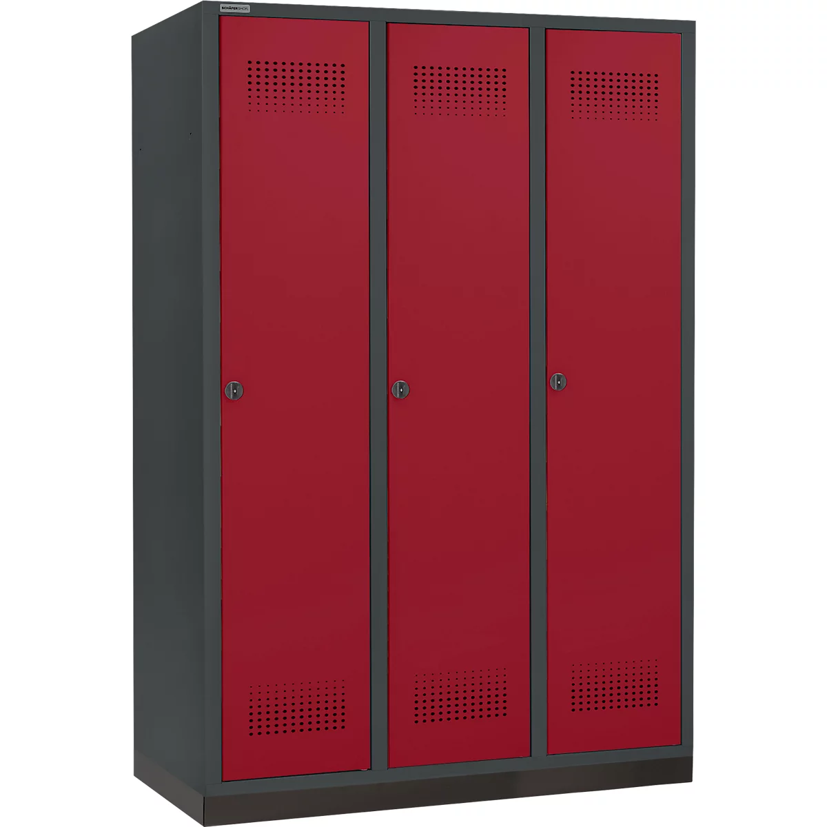 Schäfer Shop Genius Kleiderspind mit Sockel, 3 Abteile, 400 mm Abteilbreite, Sicherheitsdrehriegelverschluss, anthrazit/rubinrot
