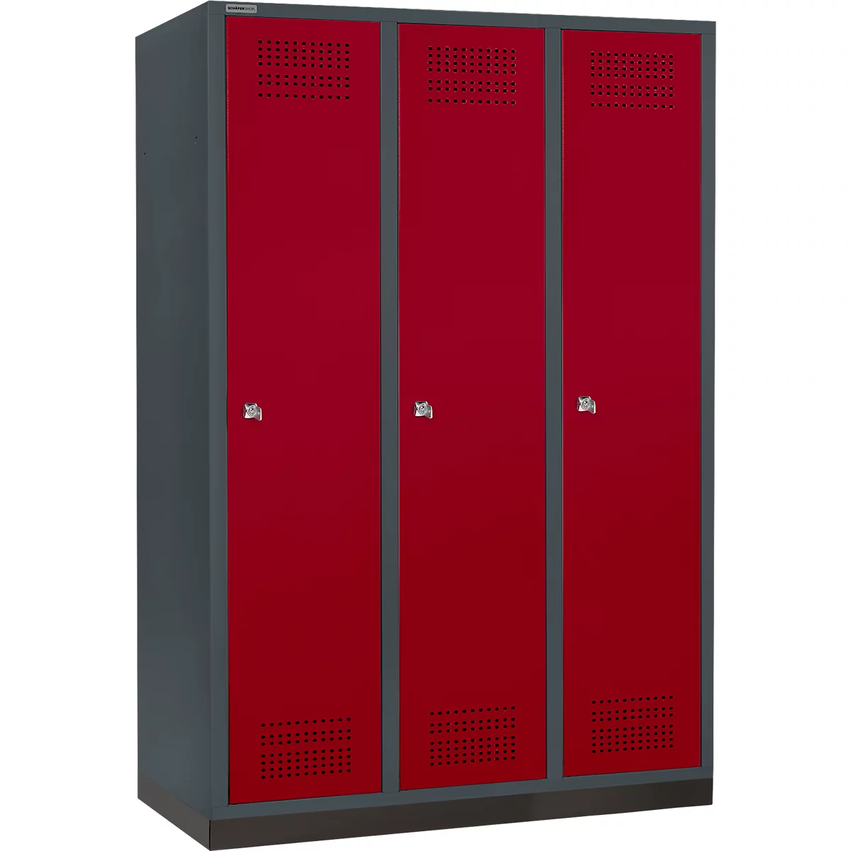 Schäfer Shop Genius Kleiderspind mit Sockel, 3 Abteile, 400 mm Abteilbreite, Zylinderschloss, anthrazit/rubinrot