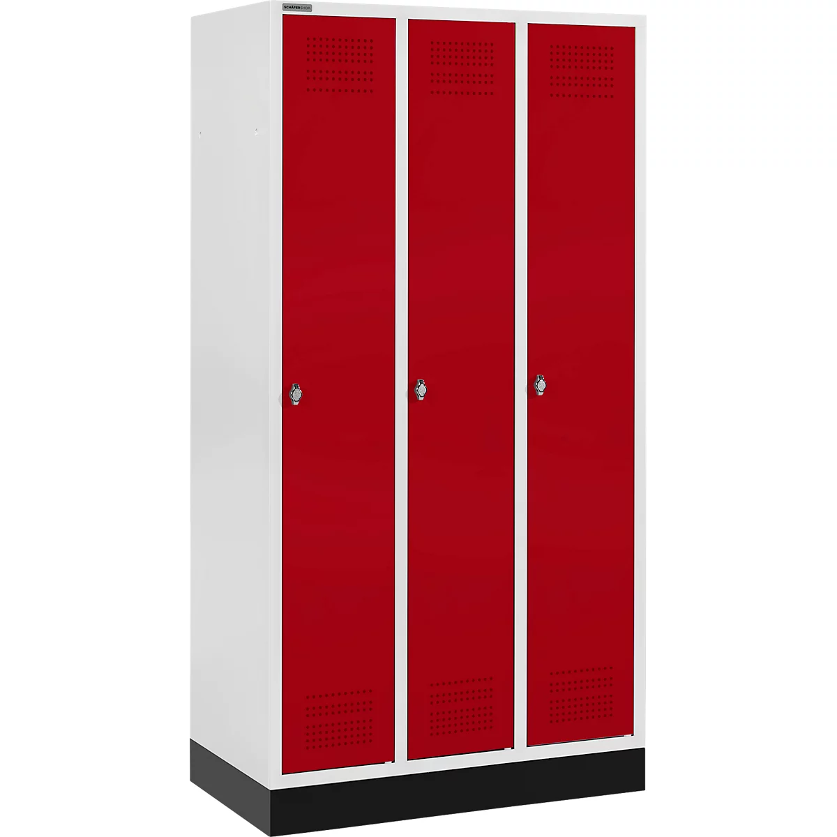 Schäfer Shop Genius Kleiderspind mit Sockel, 3 Abteile, Sicherheitsdrehriegelverschluss, lichtgrau/rot