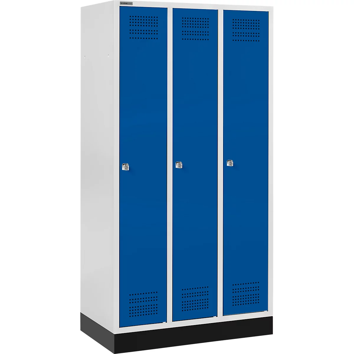 Schäfer Shop Genius Kleiderspind mit Sockel, 3 Abteile, Zylinderschloss, lichtgrau/enzianblau