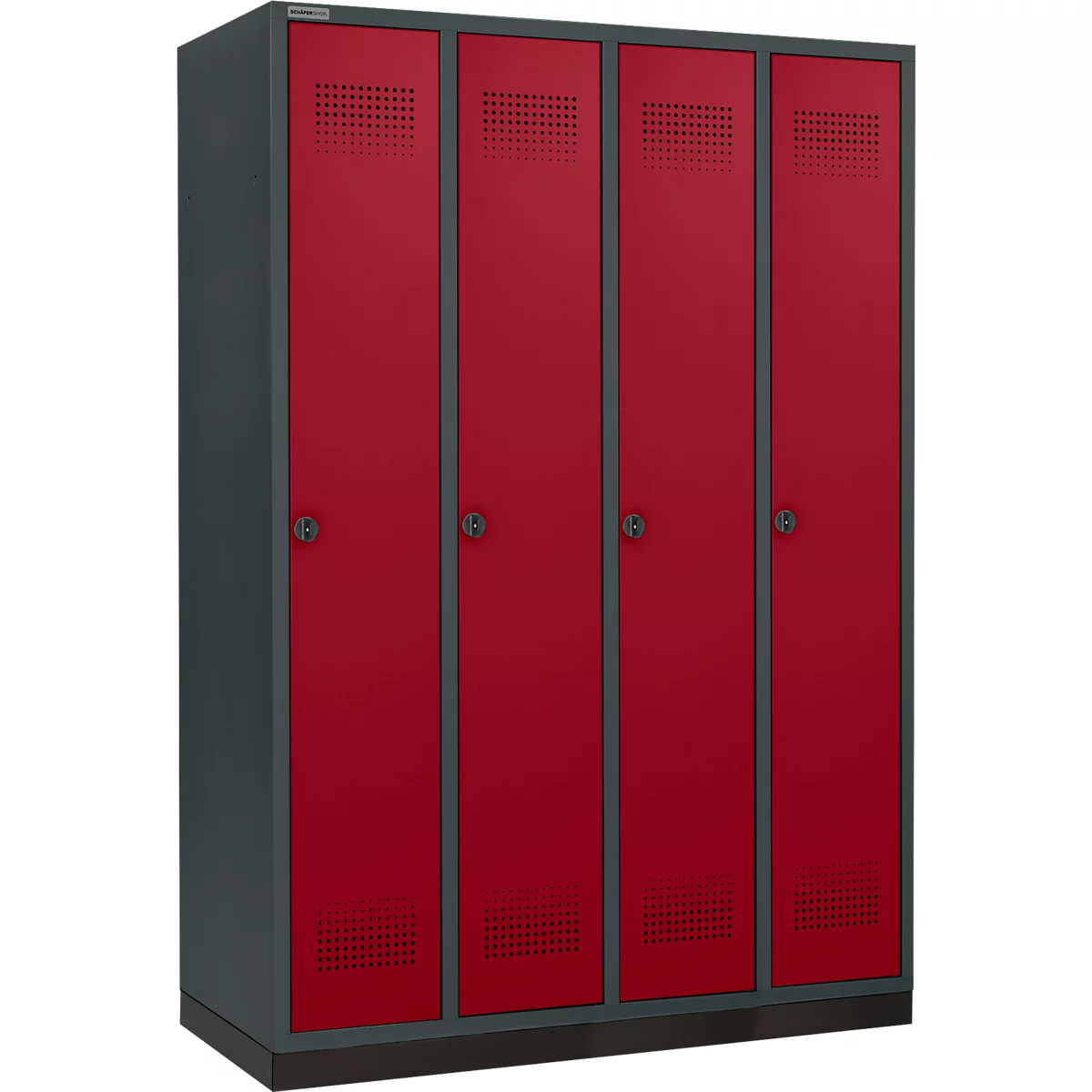 Schäfer Shop Genius Kleiderspind mit Sockel, 4 Abteile, 300 mm Abteilbreite, Drehriegelverschluss, anthrazit/rubinrot